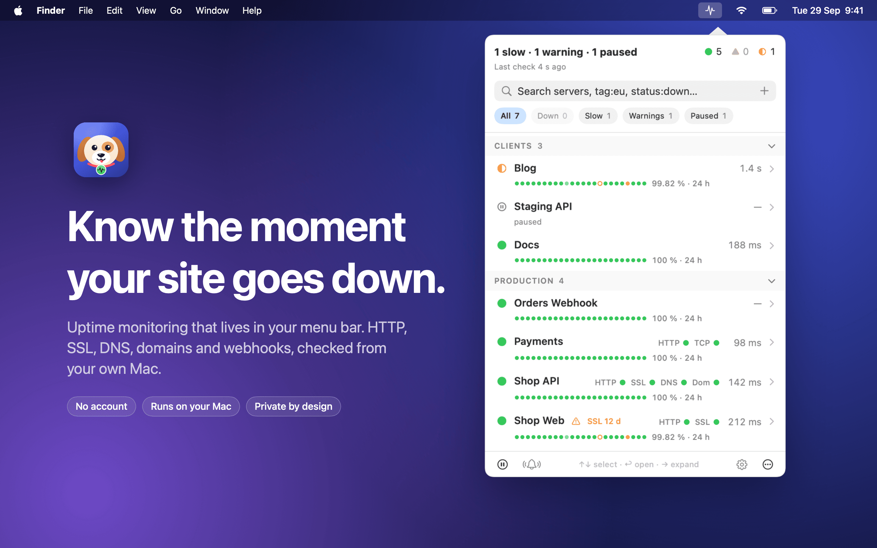 Watchdog's popover under the menu bar, listing servers with status and 24-hour dots