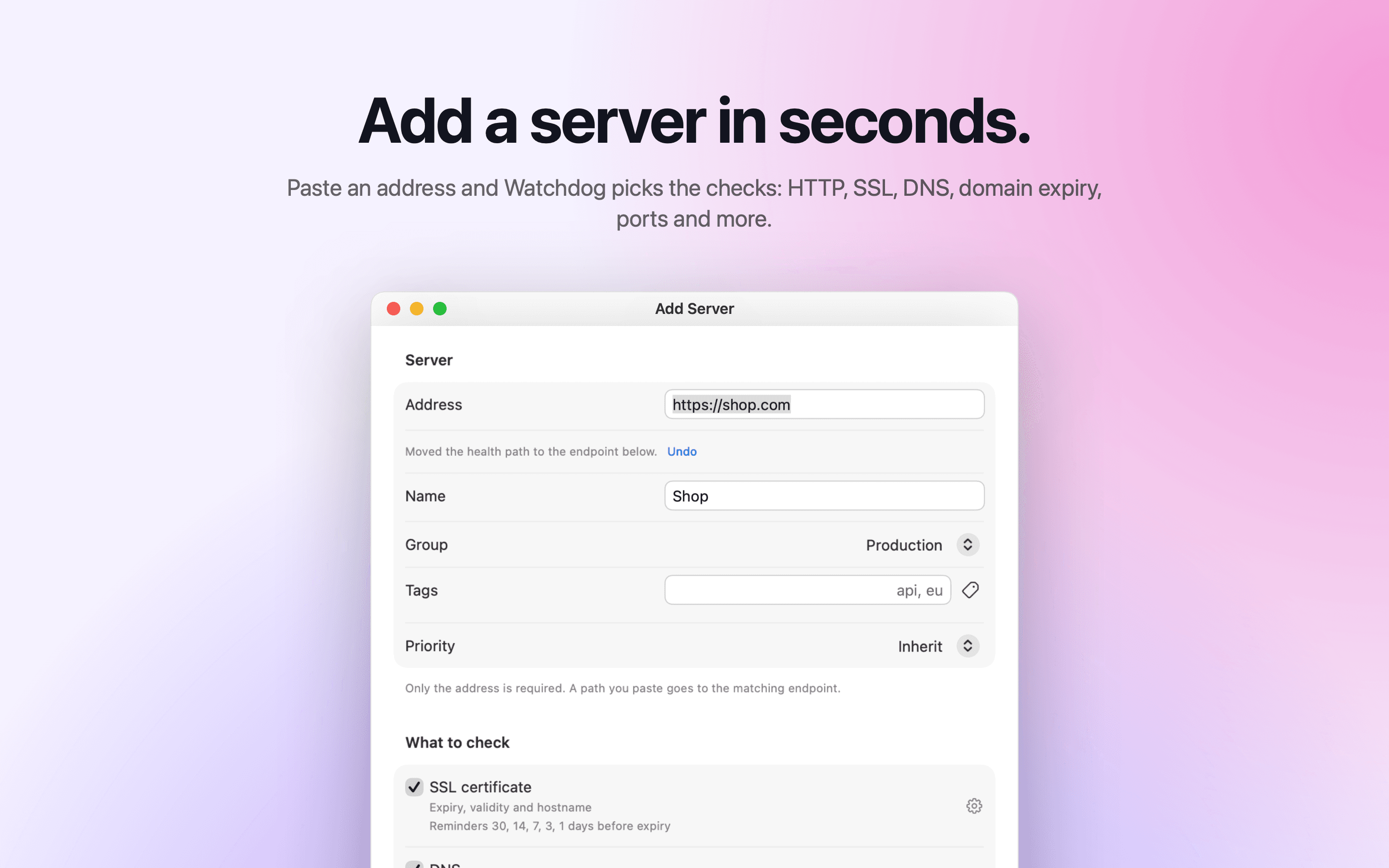 The Add Server window with address, group, tags and checks